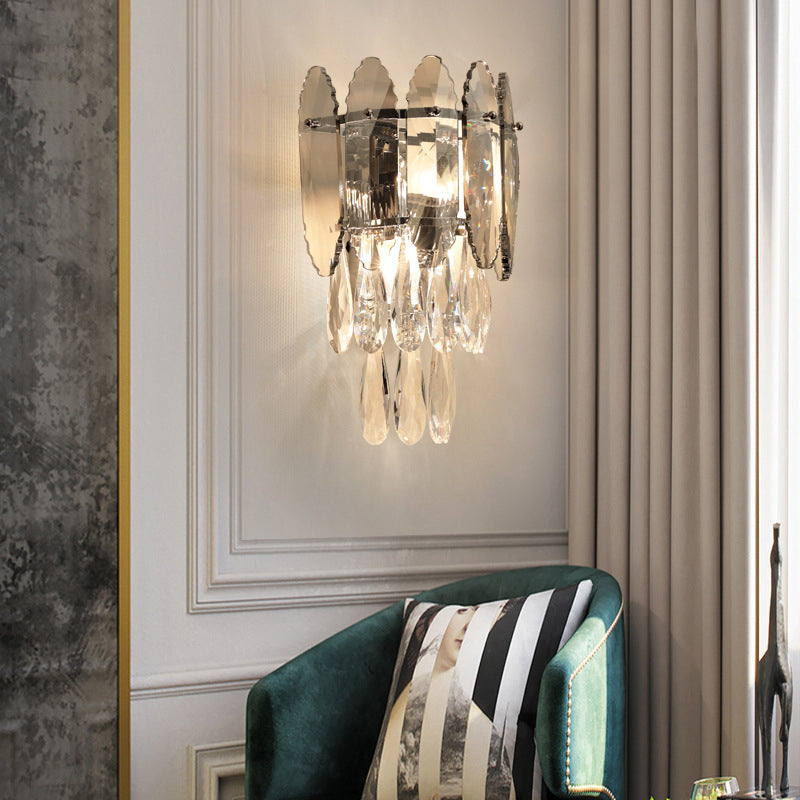 Gray Crystal Wall Sconce in Modern Luxury Style Electroplate Iron Stagger Wall Lamp for Bedroom