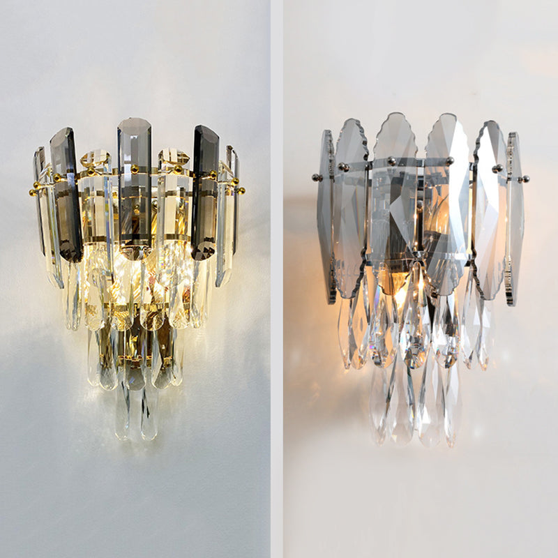 Gray Crystal Wall Sconce in Modern Luxury Style Electroplate Iron Stagger Wall Lamp for Bedroom