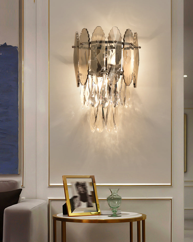 Gray Crystal Wall Sconce in Modern Luxury Style Electroplate Iron Stagger Wall Lamp for Bedroom
