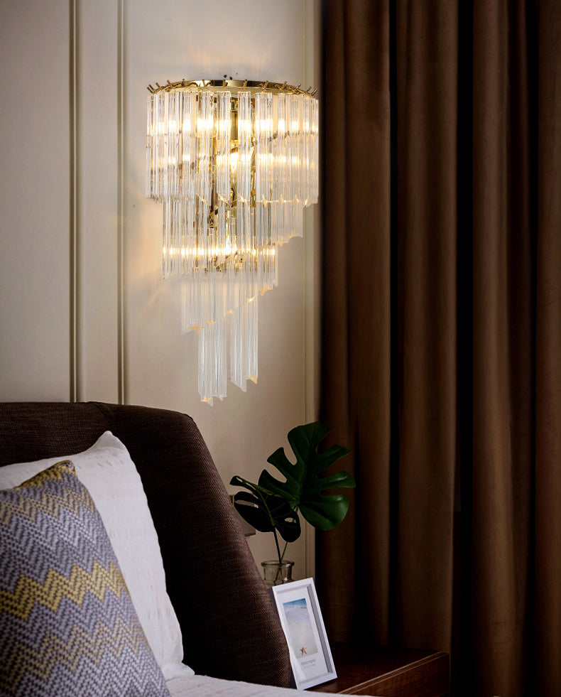 Gold Stagger Wall Lamp in Modern Artistic Style Electroplate Iron Wall Light with Crystal Shade