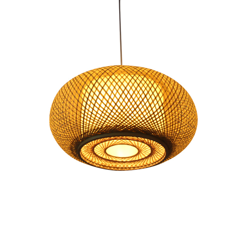 Asia Drum Pendant Light 1-Light Beige Hanging Ceiling Light for Dining Room