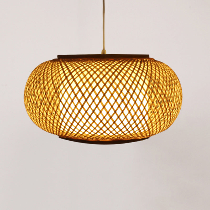 Asia Drum Pendant Light 1-Light Beige Hanging Ceiling Light for Dining Room