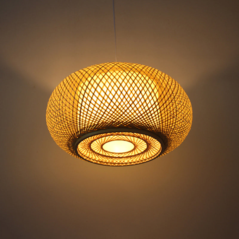 Asia Drum Pendant Light 1-Light Beige Hanging Ceiling Light for Dining Room