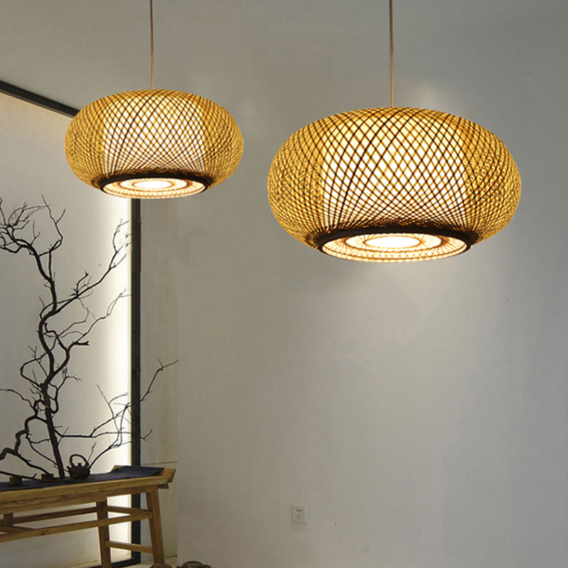 Asia Drum Pendant Light 1-Light Beige Hanging Ceiling Light for Dining Room