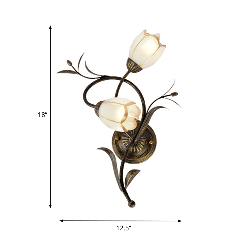 2 Heads Floral Shape Wall Lighting Traditional White Glass Sconce Lamp with Metal Backplate, Left/Right