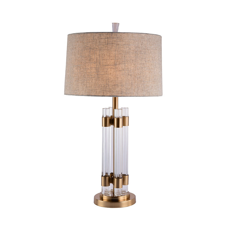 Lampada da tavolo in tamburo di lino Illuminazione tradizionalista Lampada da tavolo per camera da letto a 1 luce con base cilindrica in cristallo