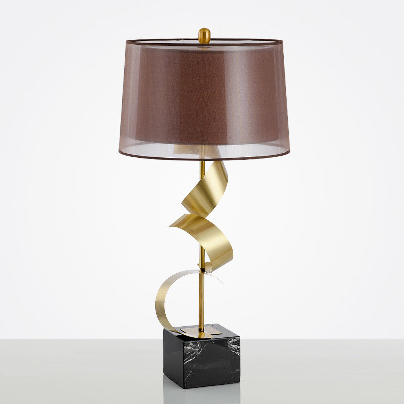 1 Bulb Night Lighting Traditional Bedroom Table Lamp in Red Brown with Drum Fabric Shade