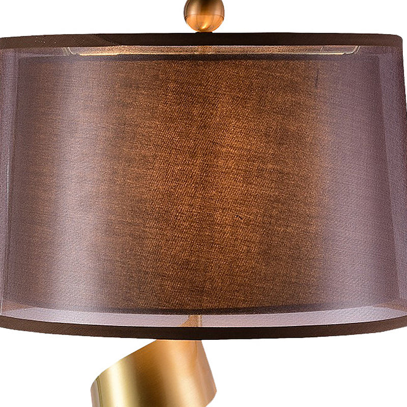 1 Bulb Night Lighting Traditional Bedroom Table Lamp in Red Brown with Drum Fabric Shade