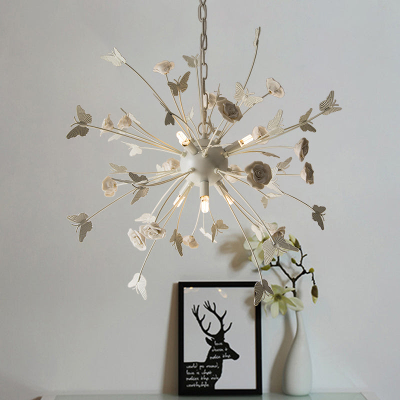 Metal Flower Chandelier Lamp Minimalism LED White-Silver Pendant Lighting Fixture with Adjustable Chain