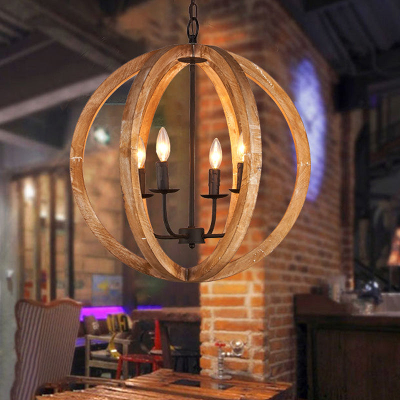 Sphere Chandelier Lamp Nordic Wood 4 Heads Beige Pendant Lighting Fixture for Restaurant