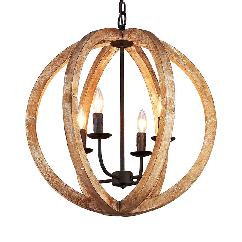 Sphere Chandelier Lamp Nordic Wood 4 Heads Beige Pendant Lighting Fixture for Restaurant