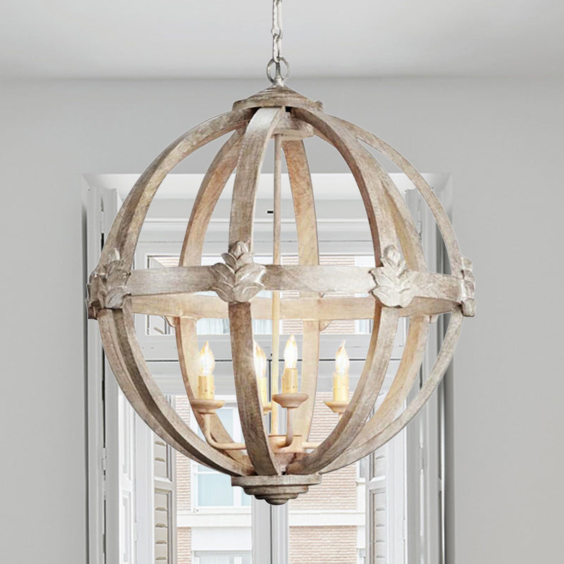 Holzkugel Kronleuchter Lampe Nordic 4 Lampen Distelte weiße Anhänger -Beleuchtung mit verstellbarer Kette