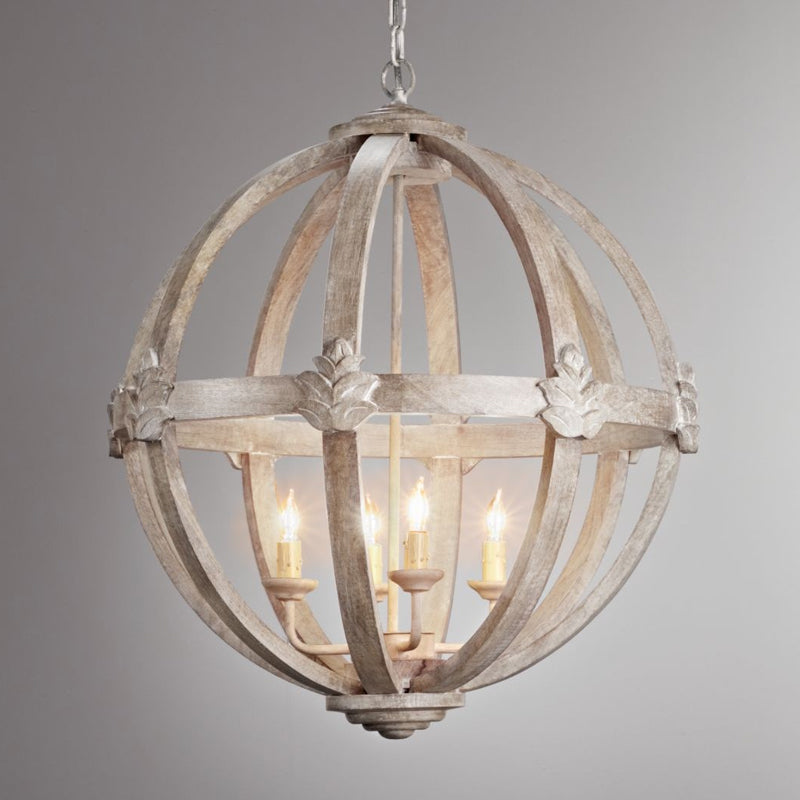 Holzkugel Kronleuchter Lampe Nordic 4 Lampen Distelte weiße Anhänger -Beleuchtung mit verstellbarer Kette
