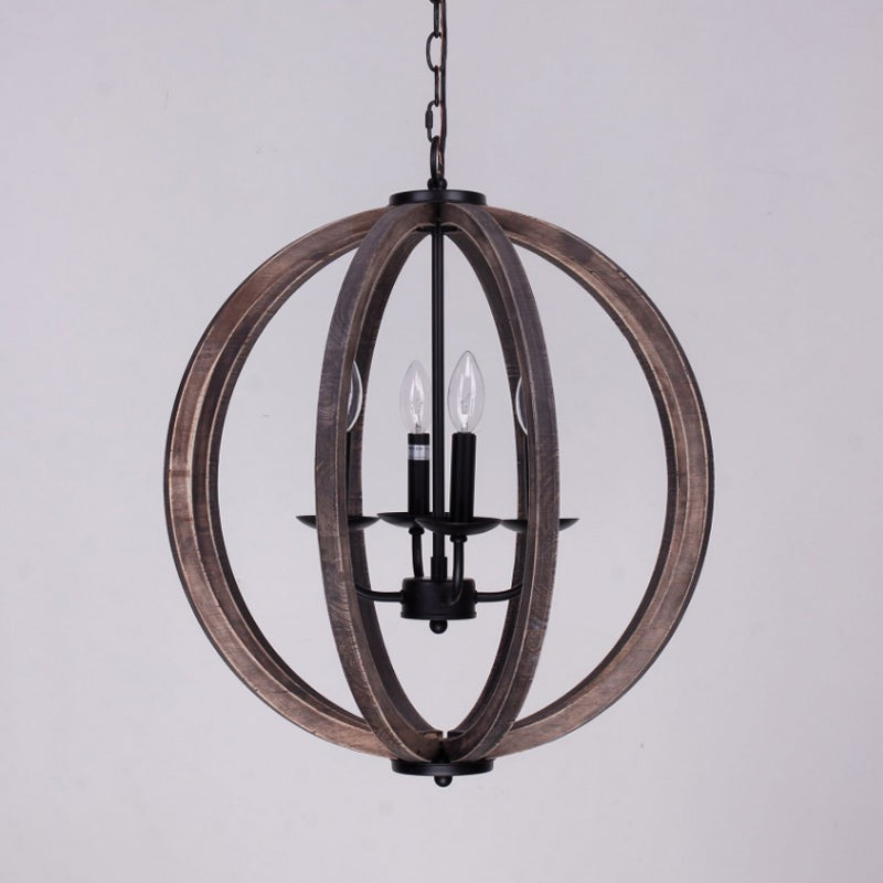 Global Chandelier Light Rustic Wood 4 Heads Brown Hanging Lamp Kit for Living Room