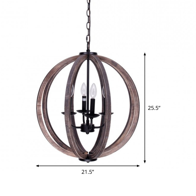 Global Chandelier Light Rustic Wood 4 Heads Brown Hanging Lamp Kit for Living Room