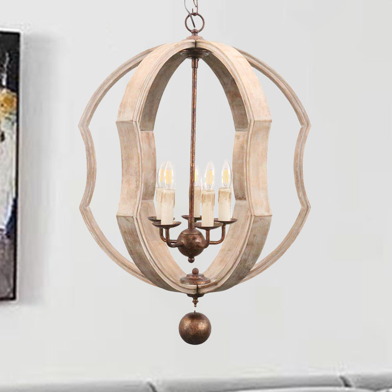 Distressed White Globe Chandelier Lighting Modern Wood 5 Bulbs Pendant Light Fixture with Adjustable Chain
