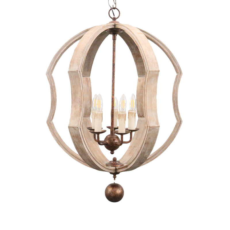 Distressed White Globe Chandelier Lighting Modern Wood 5 Bulbs Pendant Light Fixture with Adjustable Chain