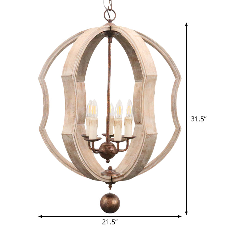 Distressed White Globe Chandelier Lighting Modern Wood 5 Bulbs Pendant Light Fixture with Adjustable Chain
