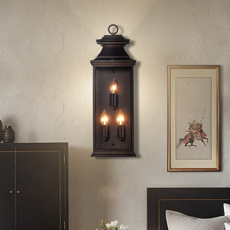 3 Lights Exposed Bulb Wall Lamp Country Black Metal Sconce Light Fixture for Bedroom with Frame