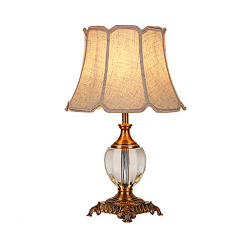 Rustic Paneled Bell Table Lamp Single Head Crystal Nightstand Light in Beige for Bedroom