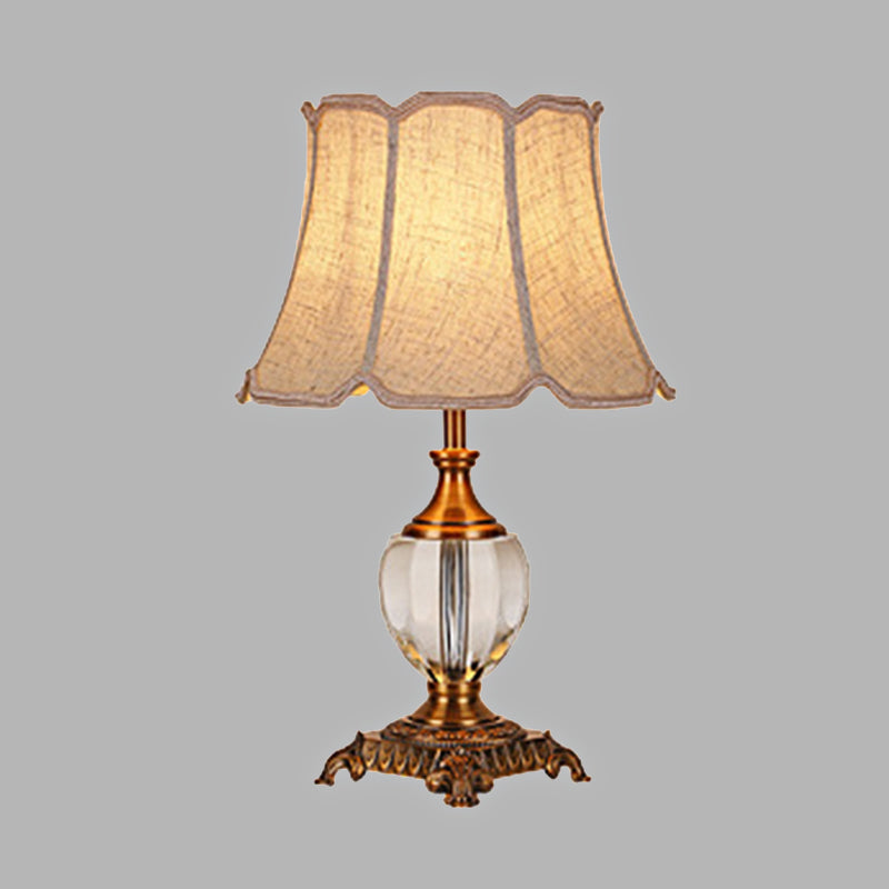 Rustic Paneled Bell Table Lamp Single Head Crystal Nightstand Light in Beige for Bedroom