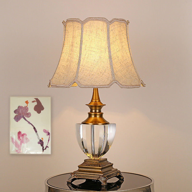 1 Light Bell Night Light Rural Beige Fabric Nightstand Table with Crystal Accent