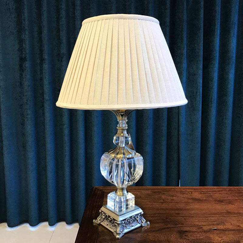 1 Light Nightstand Light Countryside Crystal Night Lamp in Cream Gray with Fabric Gathered Empire Shade