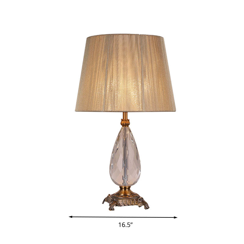 Lampe de table en cristal K9 en forme de larme, lampe de chevet rurale à 1 lumière pour chambre à coucher, beige avec abat-jour plissé en tissu