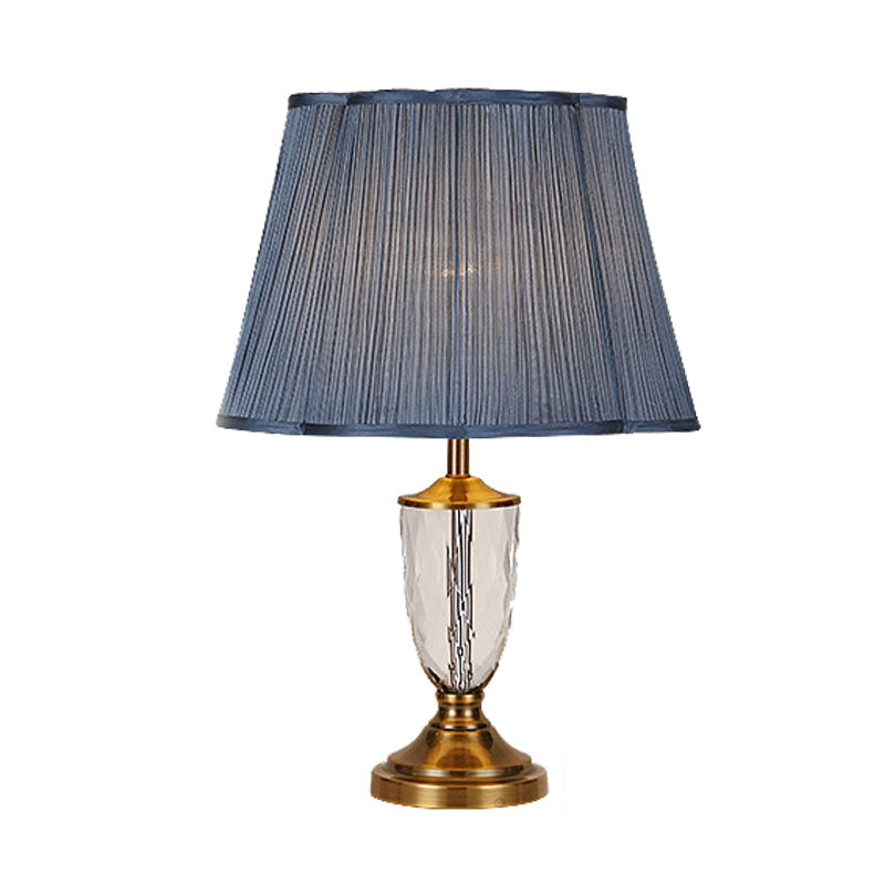 Blue Pleated Shade Night Table Lamp Rural Crystal 1 Light Bedroom Nightstand Light