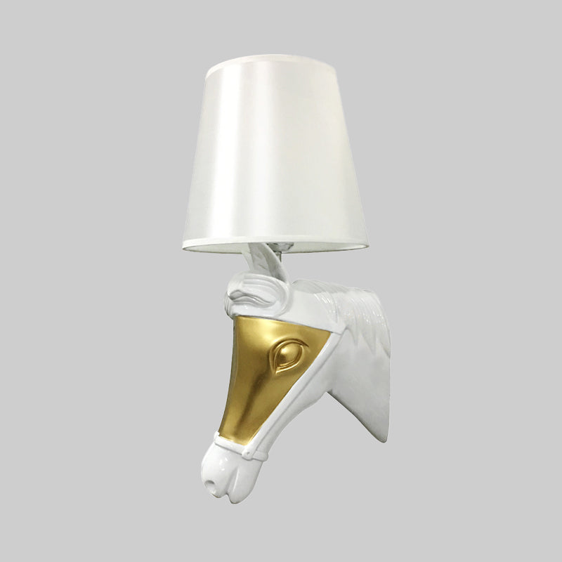 Traditional Cone Sconce Light Fixture 1 Bulb Fabric Wall Mount Lighting in White/Gold for Bedroom with Horse Head Backplate