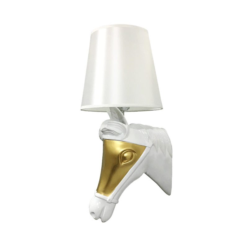 Traditional Cone Sconce Light Fixture 1 Bulb Fabric Wall Mount Lighting in White/Gold for Bedroom with Horse Head Backplate