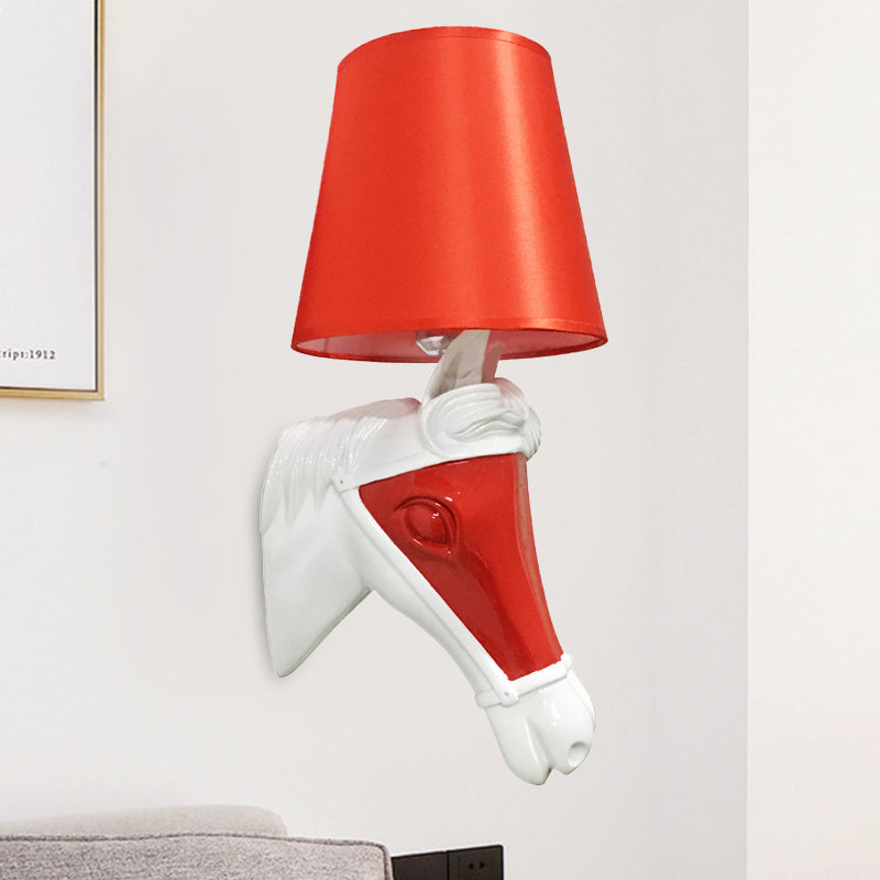 Traditional Tapered Sconce 1 Bulb Fabric Wall Mount Lighting in White/Red for Bedroom