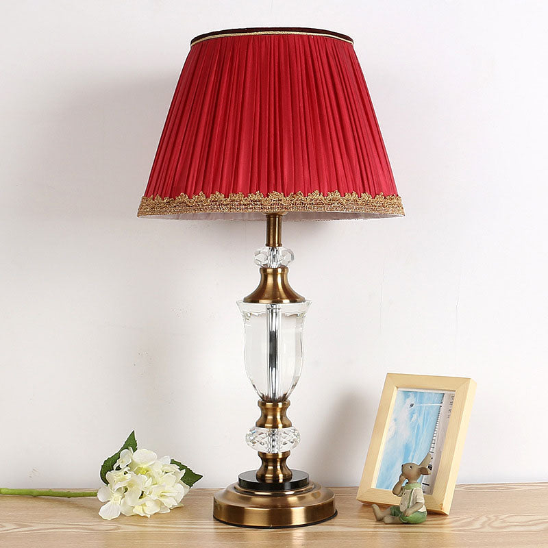 Red Single Head Night Table Light Countryside Crystal Tapered Nightstand Lamp for Bedroom