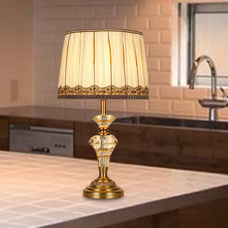 Fabric Beige Table Lamp Tapered Drum 1 Light Minimalism Night Light with Crystal Base