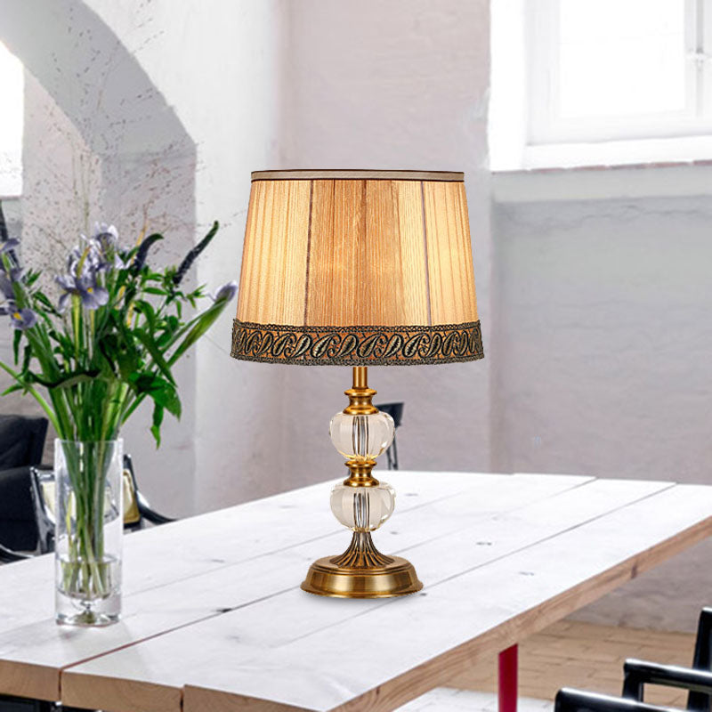 Rustic Drum Night Light Single Bulb Fabric Table Lamp in Beige for Bedroom with Crystal Ball