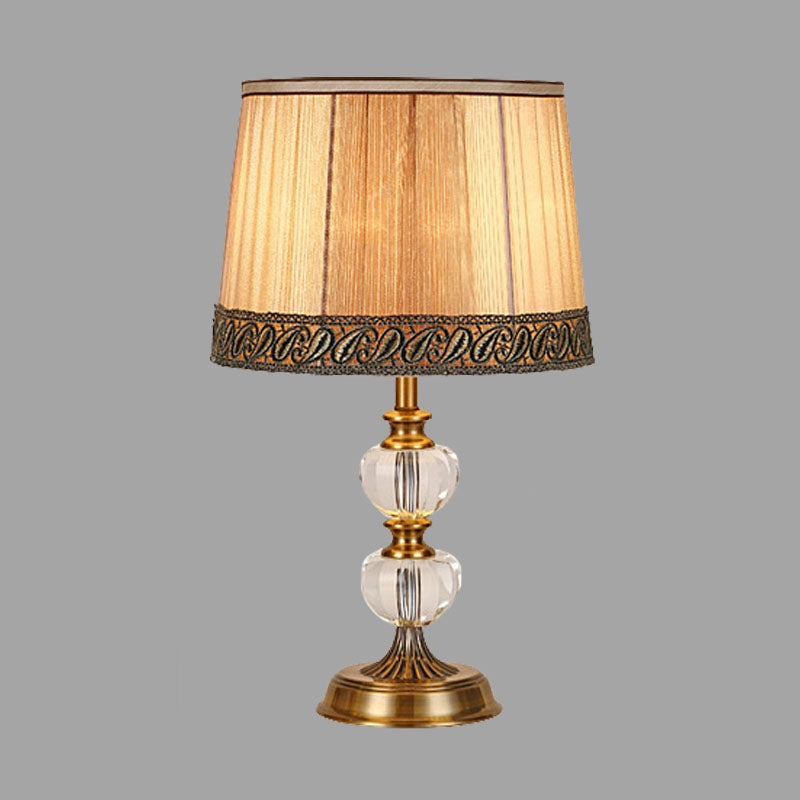 Rustic Drum Night Light Single Bulb Fabric Table Lamp in Beige for Bedroom with Crystal Ball