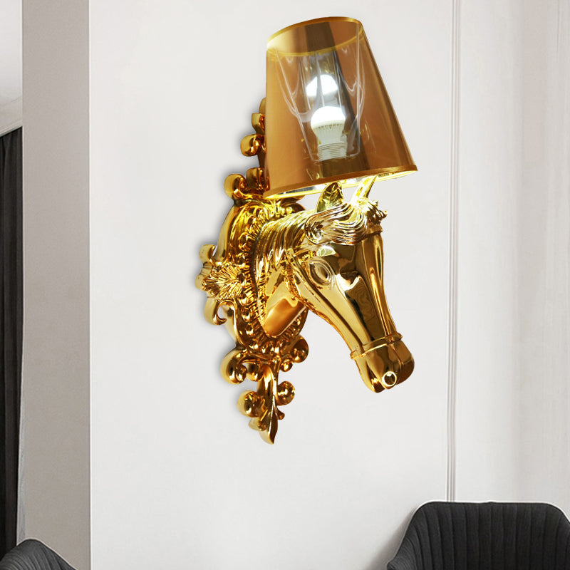 One Bulb Fabric Wall Lighting Traditional Gold/Silver Cone Corridor Sconce Light Fixture with Horse Head Backplate