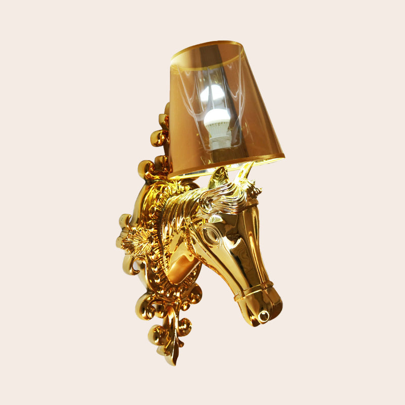 One Bulb Fabric Wall Lighting Traditional Gold/Silver Cone Corridor Sconce Light Fixture with Horse Head Backplate