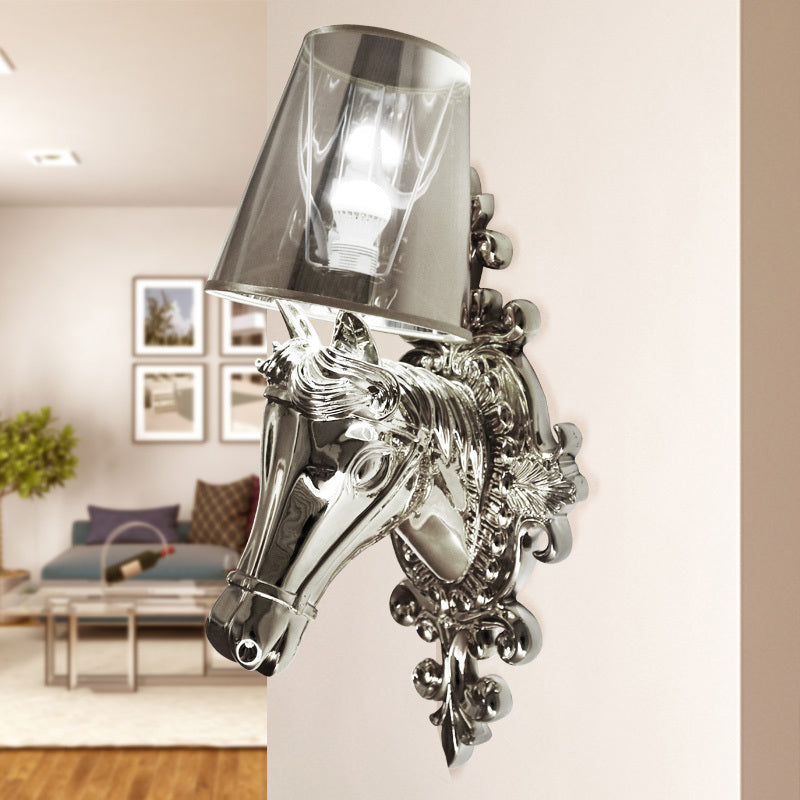 One Bulb Fabric Wall Lighting Traditional Gold/Silver Cone Corridor Sconce Light Fixture with Horse Head Backplate