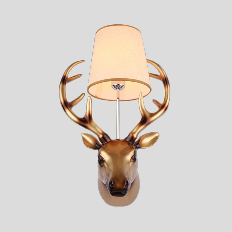 1 Light Elk Wall Lamp Country Bronze Resin Sconce Light Fixture for Dining Room with Cone Fabric Shade