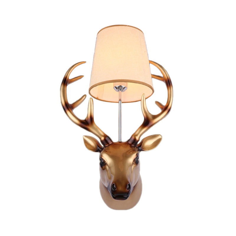 1 Light Elk Wall Lamp Country Bronze Resin Sconce Light Fixture for Dining Room with Cone Fabric Shade