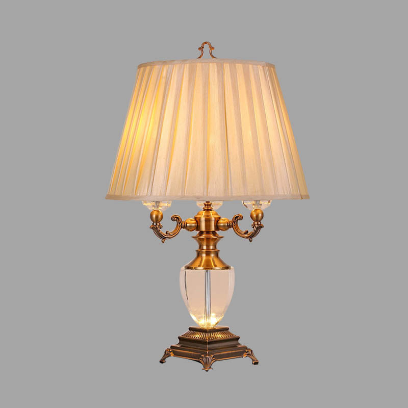 Pleated Shade Bedroom Table Light Rustic Fabric 3 Lights Beige Nightstand Lamp with Crystal Accent