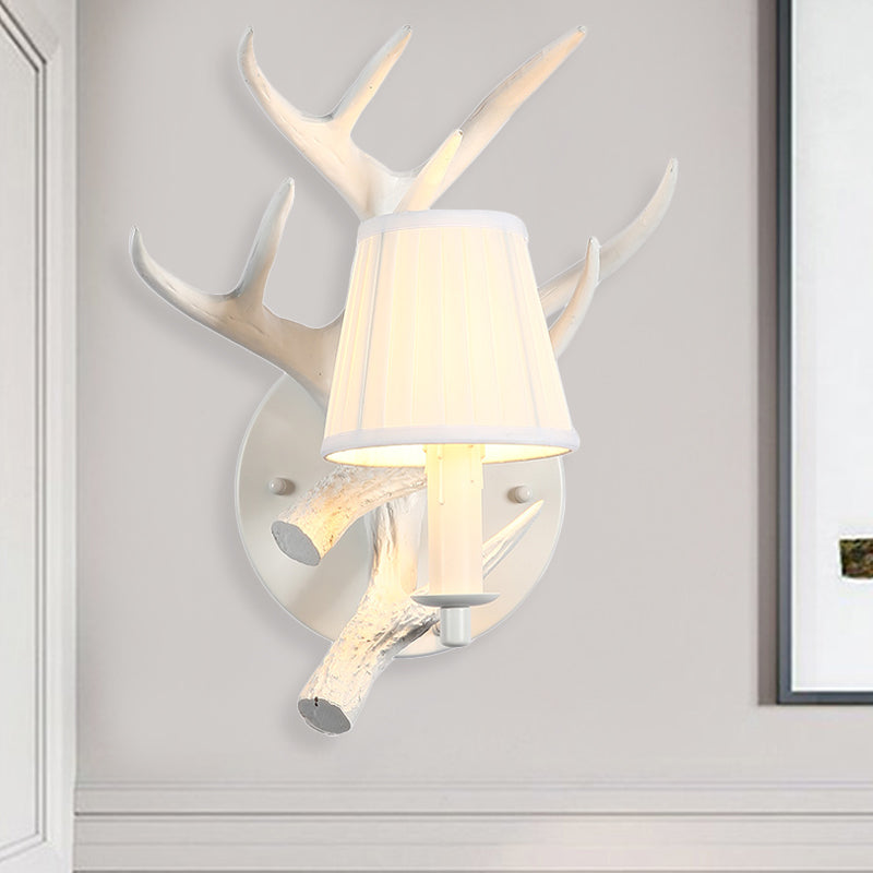 1 Light Resin Wall Lamp Rustic White Cone Dining Room Sconce Light Fixture with Elk Backplate