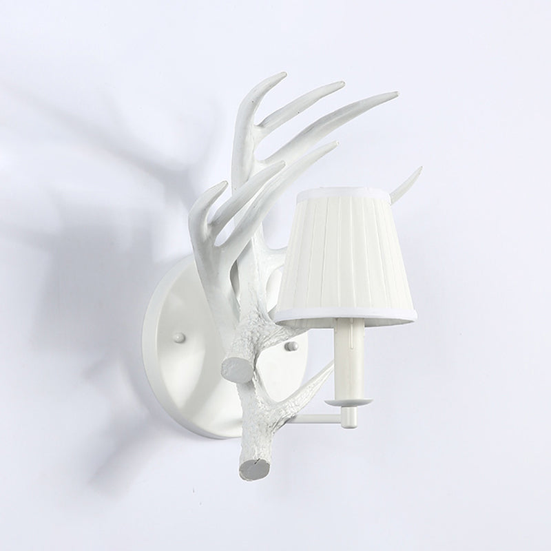 1 Light Resin Wall Lamp Rustic White Cone Dining Room Sconce Light Fixture with Elk Backplate