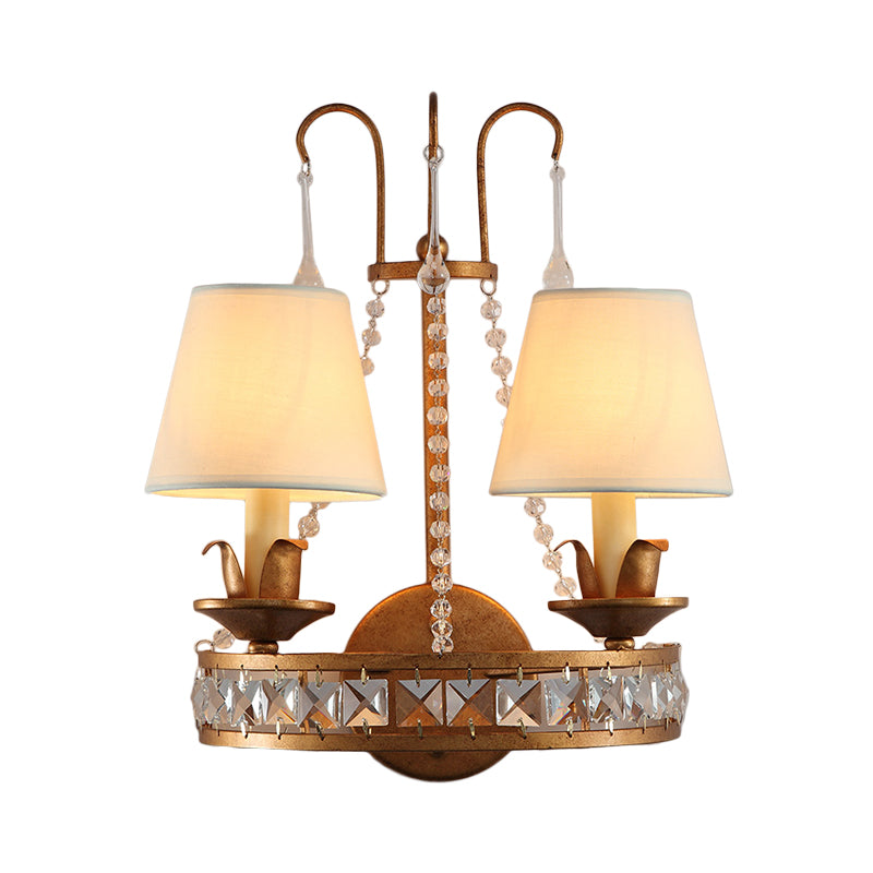 Rustic Barrel Sconce Lamp 2 Bulbs Metal and Fabric Wall Mounted Light in Antique Brass for Bedroom