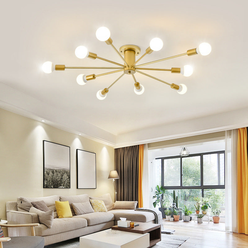 Gouden Spoetnik-plafondlamp in industriële retro-stijl smeedijzeren semi-inbouwmontage voor woonkamer