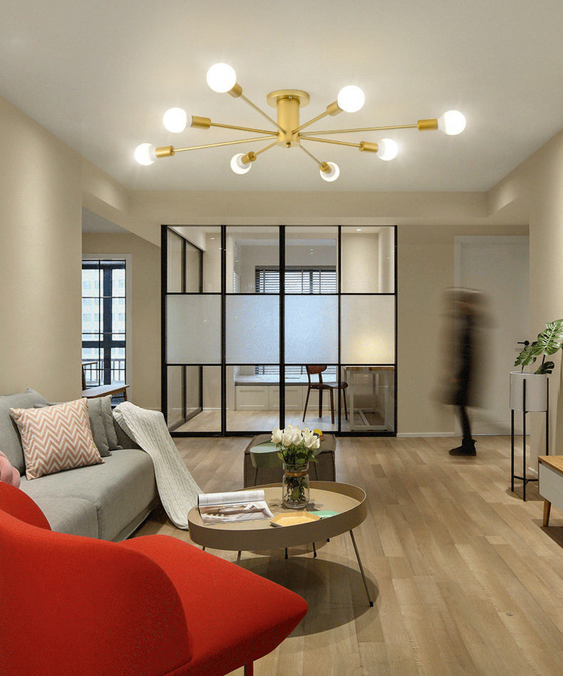 Gouden Spoetnik-plafondlamp in industriële retro-stijl smeedijzeren semi-inbouwmontage voor woonkamer