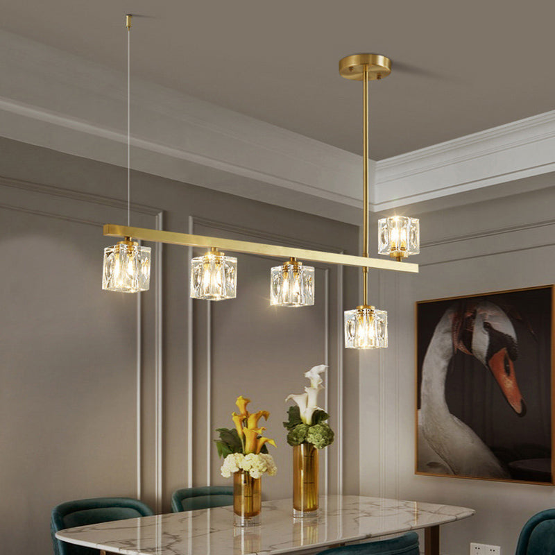 Linear Pendant Lighting Modern Island Lights Crystal Metal 4 Light Island Ceiling Light in Gold