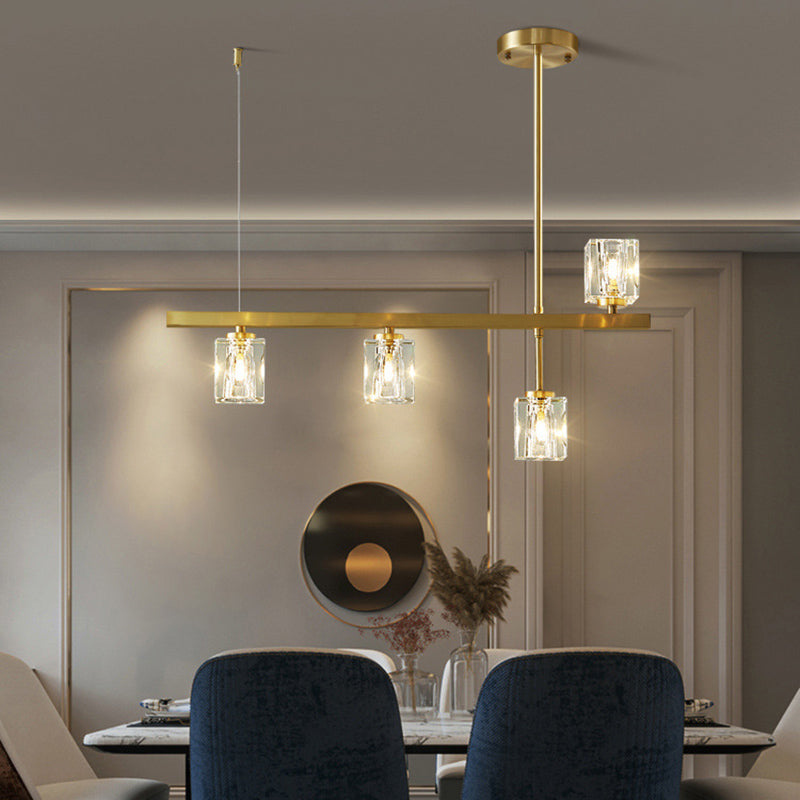 Linear Pendant Lighting Modern Island Lights Crystal Metal 4 Light Island Ceiling Light in Gold
