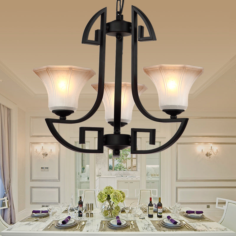 Black 3/6 lumières Pendre lustre en verre givré vintage et forme de fleur en métal Lumière suspendue